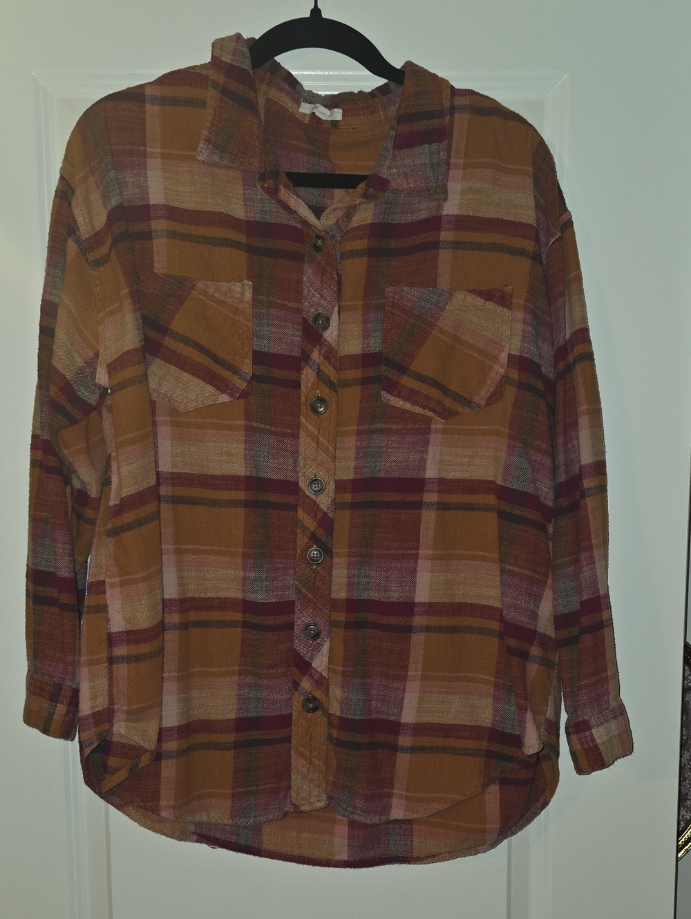 Maurices XL  Plaid Button-Up Shirt in Rust and Burgundy.